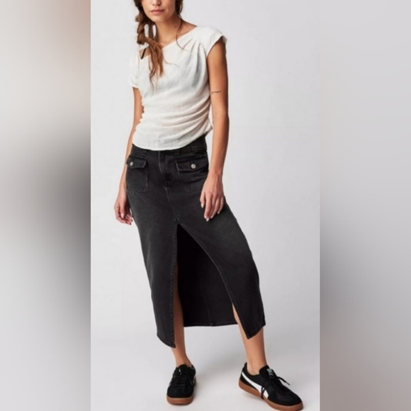 Free People Madison Midi Hi-Slit Skirt Black Stretch Denim Size 29 - Picture 1 of 12